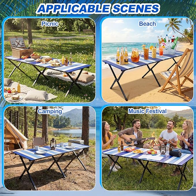 CroBlissful Beach Table Folding Camping Portable Table Striped White Aluminum Side with Carry Bag for Camping Picnics and Outdoor Activities (48x24x18 in,Navy Blue)