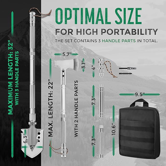 Survival Shovel and Camping Axe – Stainless Steel Tactical Survival Multi-Tool and Survival Hatchet Equipment for Outdoor Hiking Camping Gear, Hunting, Backpacking Emergency Kit(Silver)