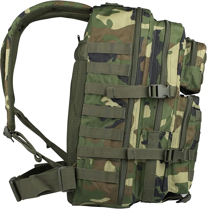 Mil-Tec Unisex Assault Pack - Rugged Durable Lightweight Ergonomic Versatile Tactical Outdoor Camping Hiking Backpack with Adjustable Padded Shoulder Straps & MOLLE Loops, Woodland Camo, 20L