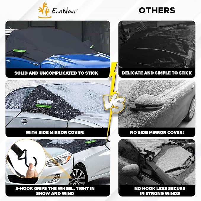 EcoNour Car Windshield Cover for Ice and Snow, Windshield Snow Cover with Side Mirrors Cover for Snow, Ice, UV Fits Most Cars, Trucks, Vans, SUVs, Black
