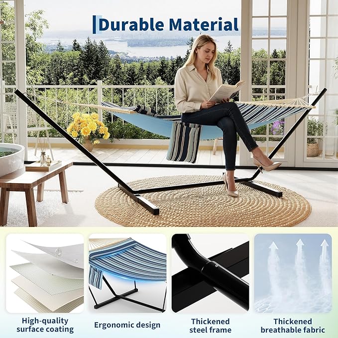 Double Hammock with Stand - Heavy Duty Portable 2 Person Design with Adjustable Steel Stand, Max 450LBS, Ideal for Outdoor Patio, Garden, Beach & Backyard