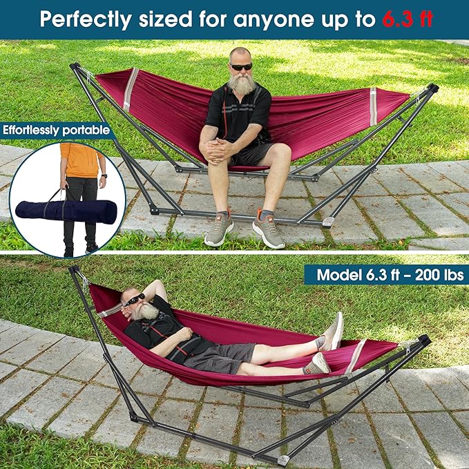 Tranquillo Adjustable Hammock Stand, Collapsible Camping Hammock with Stand, 600 lbs Capacity Hammock Stand for 2 Persons, Foldable Sturdy Noiseless Stand for Active Life Carry Bag Included, Red