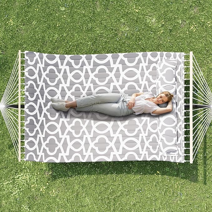 Double Hammock with Stand for 2 Person, Outdoor Freestanding Hammock Bed with 475lb Capacity - Heavy Duty Steel Frame, Quilted Pillow & Portable Carry Bag, Easy Assembly, Light Gray