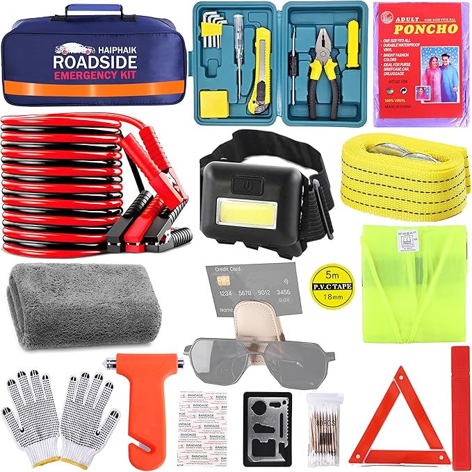 HAIPHAIK Emergency Roadside Kit for Car,Emergency Kits for Vehicles,Jumper Cables headlamps car Glasses Holder,Roadside Emergency Kit Women Men