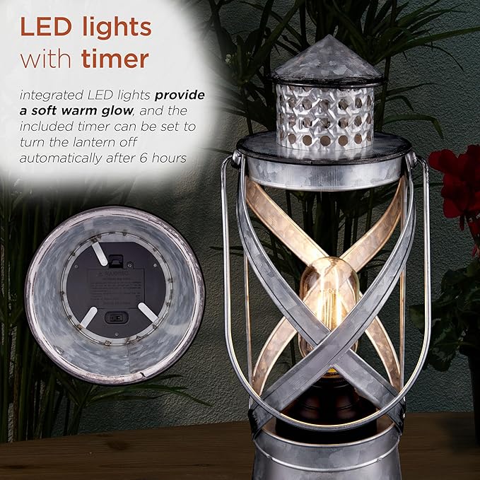 Alpine Corporation 15" H Indoor/Outdoor Vintage Metal Lantern with LED Lights, Silver