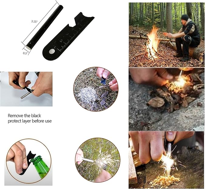 Fire Starter Kit – 6 Magnesium Bags + 3.15" Ferro Rod (12,000+ Strikes) + 4" Waxed Rope (12 Min Burn) – Survival Kit in Waterproof Tin for Camping, Hiking