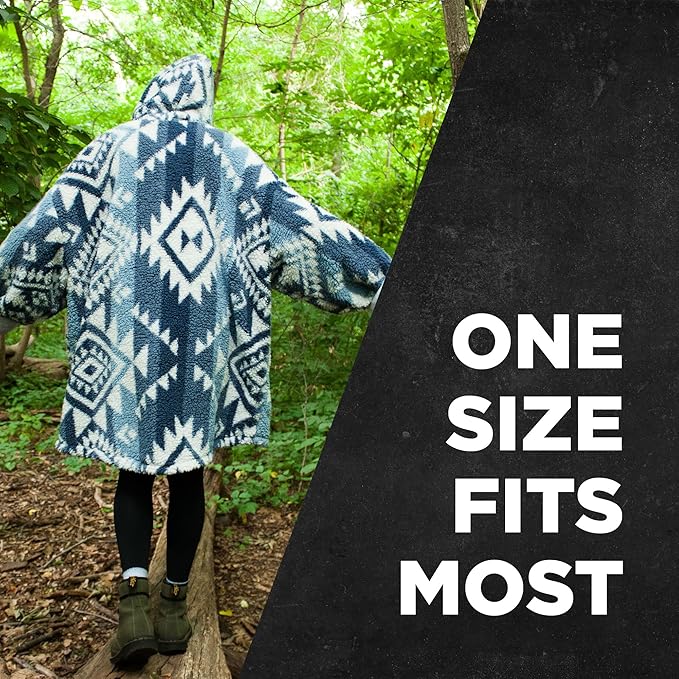Coleman Oversized Wearable Sherpa and Micro-Mink Blanket Hoodie, Blue - One Size Fits Most