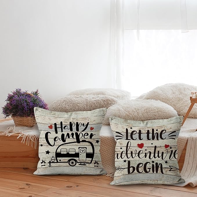 Happy Camper Linen Throw Pillow Case, 18 x 18 Inch Set of 2, Camping Lovers Gifts, Campers Gifts, Camper Decor, RV Decor, Trailer Pillow Cushion Cover for Sofa Couch Bed