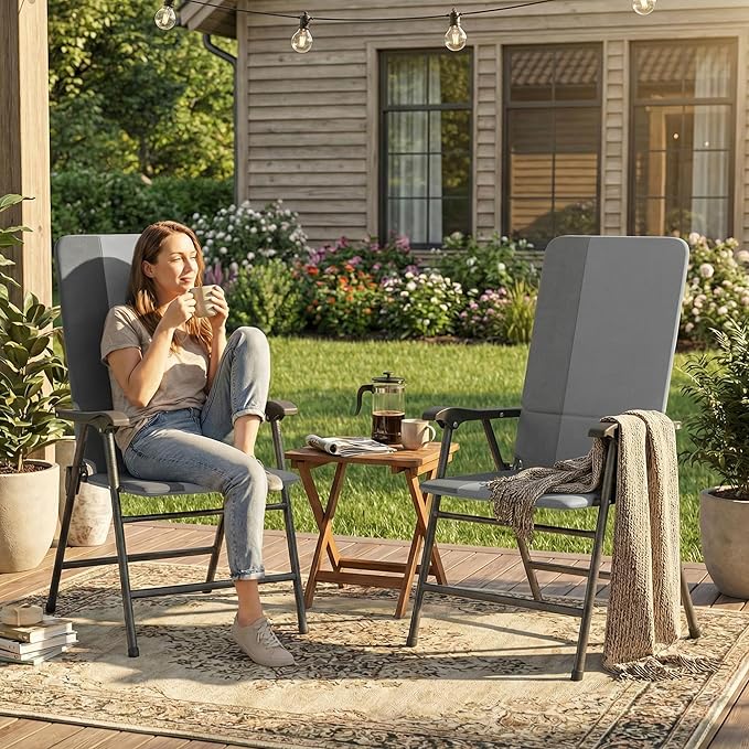 Outsunny Folding Patio Chairs Set of 2, Padded High Back Folding Lawn Chairs with Armrests, 600D Oxford Fabric, Portable Outdoor Camping Chair Set for Deck, Garden, Backyard, Light Gray