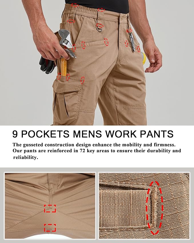 CNBQDD Mens Work Pants Cargo Tactical Construction for Men Ripstop Water Repellent Lightweight Outdoor Hiking with Pockets
