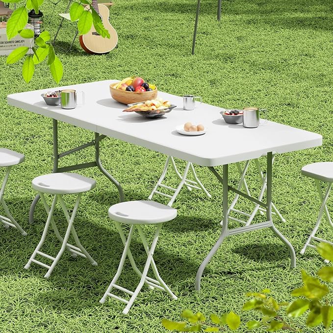 OS MOTOR 4ft Folding Table with Carry Handle, Portable Heavy Duty Plastic Utility Table with Steel Legs for Party, Wedding, Camping, Indoor, Outdoor Event, 48 Inch, White