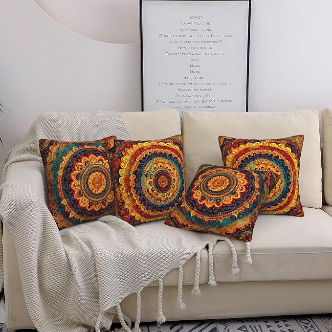 Bohemian MandalaThrow Pillow Covers 18 X 18 Inch Set of 4 Decorative Cushion Cover Home Decor for Sofa Chair Couch Bedroom Living Room