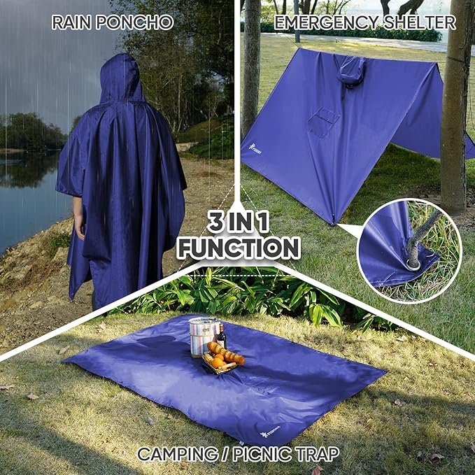 PTEROMY 3-in-1 Hooded Rain Poncho for Adult with Pocket, Waterproof Lightweight Unisex Raincoat for Hiking Camping Emergency