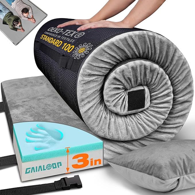 GAIALOOP 3 Inch Memory Foam Camping Mattress, Dual Layer Thick Sleeping Camp Pad for Car Tent Cot, Roll-Up Portable Glamping Floor Bed for Guests Sleepover