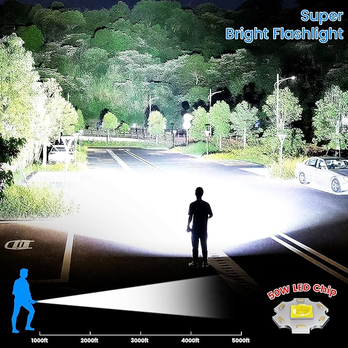 VASTFIRE Flashlight High Lumens Rechargeable, 50W Super Bright LED Flashlights, 5000ft Beam & 7-20H Long Lasting High Powered Handheld Flashlight, Powerful Flash Light for Emergency Home
