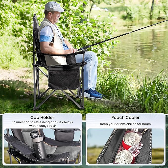 Oversized Camping Chair Heavy Duty- Portable Folding Chair, Cup Holder & Waterproof Phone Case for Adults, Beach, Hiking, Backyard (Black & Gray, 2 PCS)
