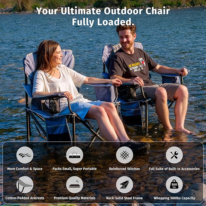 EAST OAK Oversized Camping Chair Heavy Duty Camping Chairs for Adults 500LBS Support, 600D Oxford, Cup Holder & Side Pocket Ideal for Camping, Beach, Sports Events, Backyard & Tailgating Gray