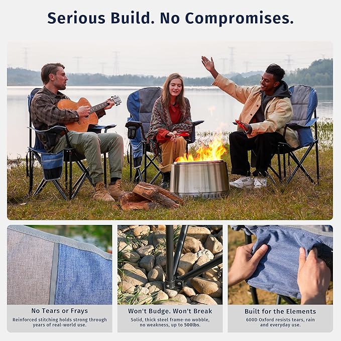 EAST OAK Oversized Camping Chair Heavy Duty Camping Chairs for Adults 500LBS Support, 600D Oxford, Cup Holder & Side Pocket Ideal for Camping, Beach, Sports Events, Backyard & Tailgating Gray