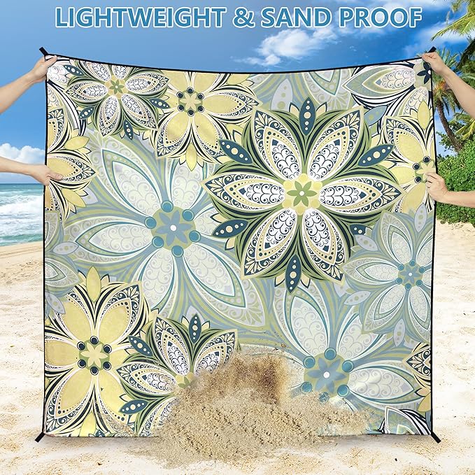 HIHOHO Beach Blanket Waterproof Sandproof Beach Mat for 1-8 Adults Quick Drying Durable Outdoor Picnic Mat for Beach Festival Travel Camping Hiking (Flourishing Blossom-Y&GN, 79"×83"(4 Person))