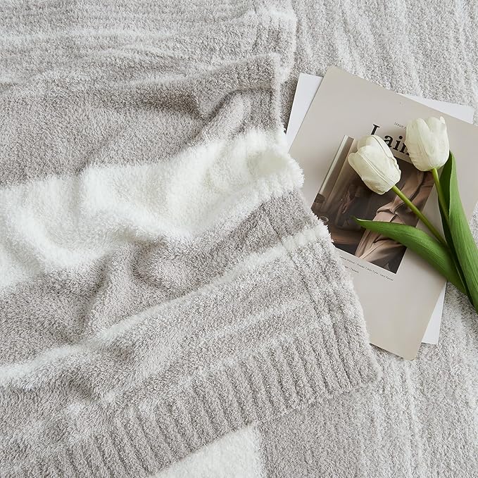 WRENGONGE Taupe Throw Blanket, 50x70 Soft Cozy Striped Throw Blankets for Couch, Sofa, Bed, Travel, Lightweight Fluffy Warm Plush Decorative Blankets for Women, Men Gift