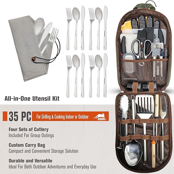 BOMKI Grilling and Camping Cooking Utensils Set for The Outdoors BBQ - Camping Utensil Set Kitchen Set Cookware Accessories Glamping Essentials Camp Stuff Camp Cooking Set (Green Pro)