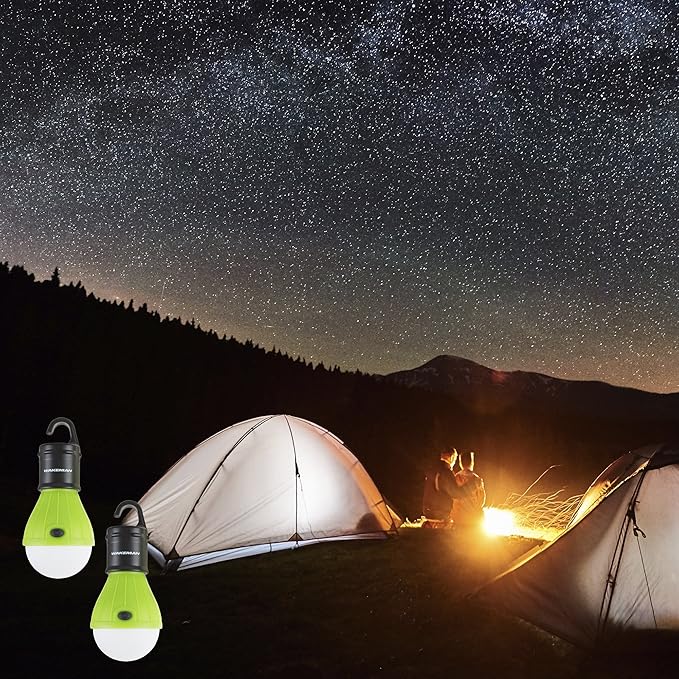 2-Pack of Portable LED Tent Light Bulbs - Indoor/Outdoor Hanging Lights with Three Settings - for Camping, Hiking, and Emergencies by Wakeman (Green)