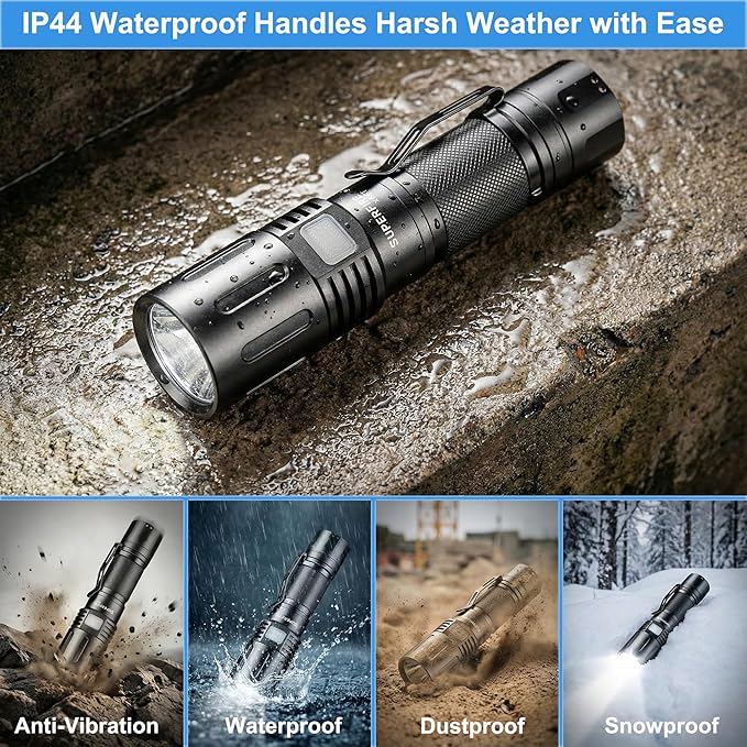 SuperFire Tactical Flashlight Rechargeable, 3000 Lumens Powerful Zoomable LED Flashlight, USB-C Charging & IP44 Waterproof with 5 Modes for Camping, Hiking, Emergency, Home Use