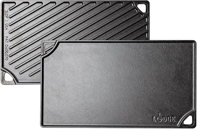 Lodge Double Play Reversible Cast Iron Grill/Griddle - Dual-Sided with Double Burner Configuration for Eggs, Pancakes, Burgers & More - Seasoned, Non-Toxic Cookware - Heavy-Duty Grill Pan - Black