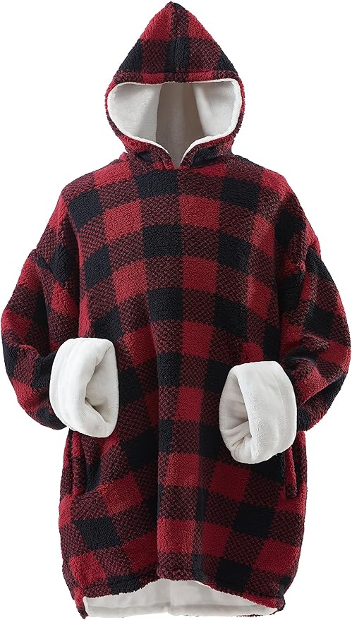 Cathay Home Oversized Wearable Sherpa and Micro-Mink Blanket Hoodie, Red - One Size Fits Most