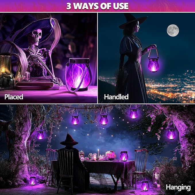 iBaycon 2 Pack Solar Lanterns Lights, Halloween Flickering Flame Garden Lights with 2 Modes Dual Charging USB & Solar, Outdoor Waterproof Hanging Lantern for Party Holiday Halloween Decor (Purple)