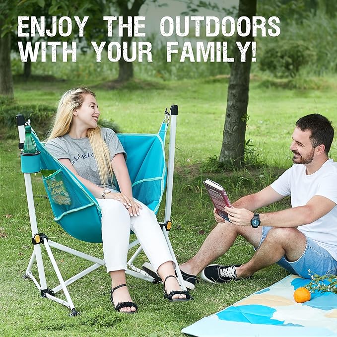 Portal Hammock Camping Chair Folding Rocking Chair Portable Swinging Chair with Cup Holder for Outdoor Lawn Backyard Patio Car Camp Sports Concerts,Support 350 lbs Blue