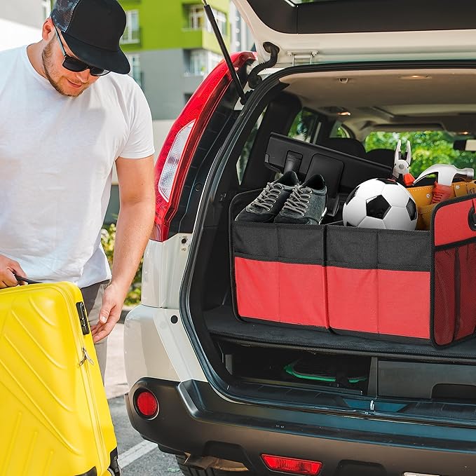 Simple Deluxe Trunk Organizer for Car/SUV/Truck, Collapsible 2 Compartment 50L Automotive Storage Box with 5 Pocket, 600D Waterproof Oxford Polyester, Anti-slip & Leak-proof, Red New