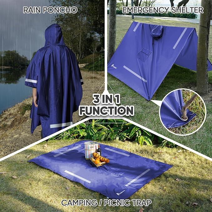 PTEROMY 3-in-1 Hooded Rain Poncho for Adult with Pocket, Waterproof Lightweight Unisex Raincoat for Hiking Camping Emergency