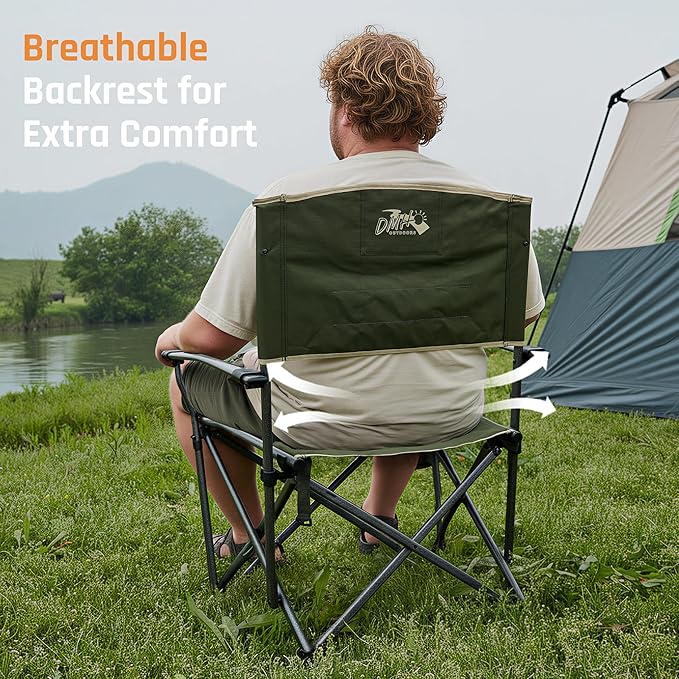 Oversized Folding Camping Chairs for Adults Heavy Duty Camp Chair Support 400 LBS Steel Frame Metal Arm Lawn Chairs with Swivel Cup Holder & Hollow Backrest Extra Large Outdoor Chairs Green