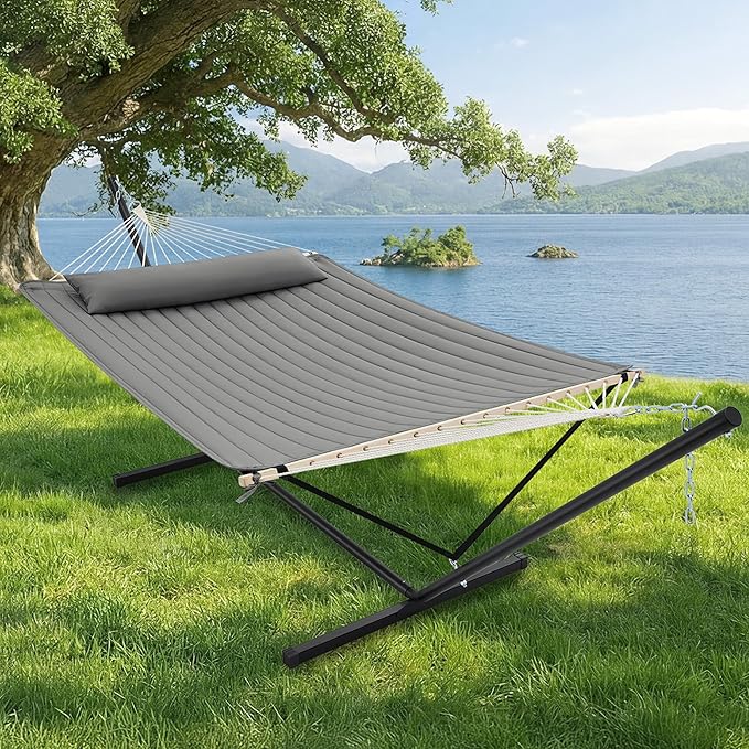 SUPERJARE 12ft Double Hammock with Stand, Rope Hammock for 2 Person, Detachable Hammock Bed and Pillow, Portable, Anti-Tip Safety Ropes, Carry Bag, Outdoor Backyard Patio Camping, Gray