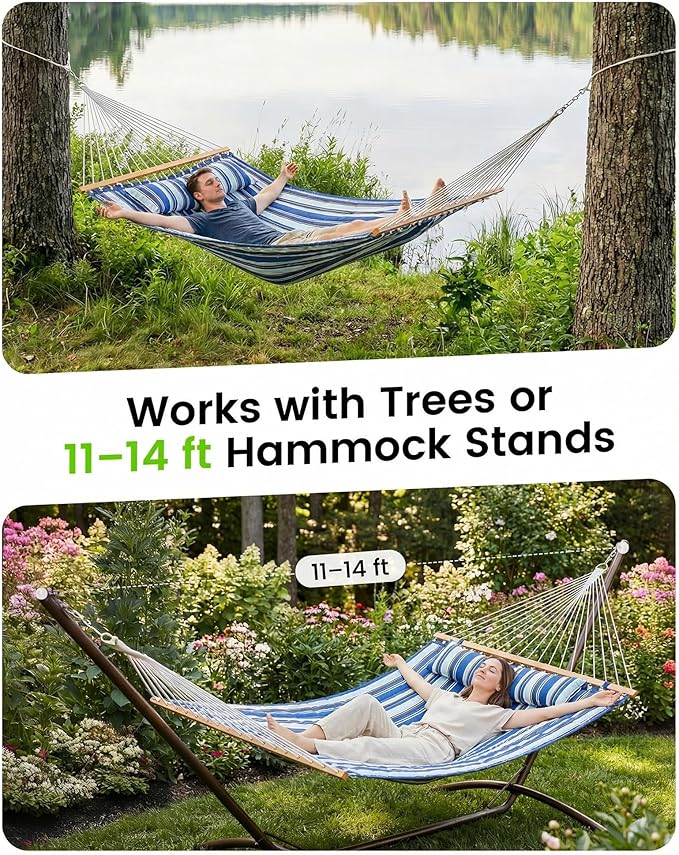 ANAGOO Double Quilted Outdoor Hammock for 2 Adults, 500lb Capacity Backyard & Camping Hammock with Pillow and Bamboo Spreader Bar, Fits 11–15ft Hammock Stands (Stand Not Included),Blue