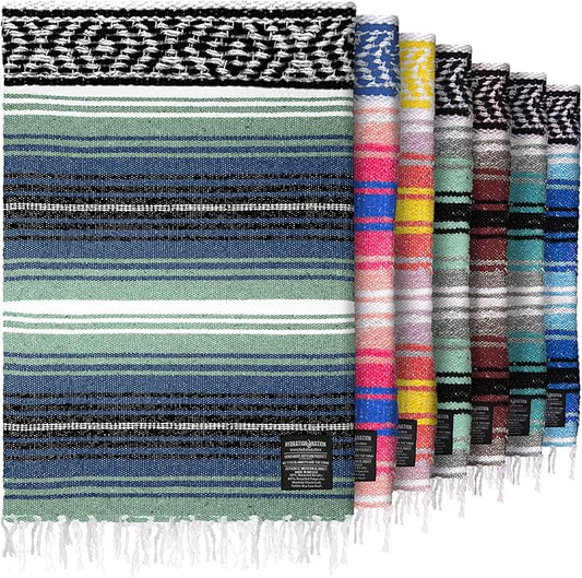 Hydration Nation Authentic Large Handwoven Mexican Blanket - Soft Yoga- Durable Serape- Lightweight Falsa, Beach, Camping, Picnic, Outdoor Blanket 70"x50" - Arctic
