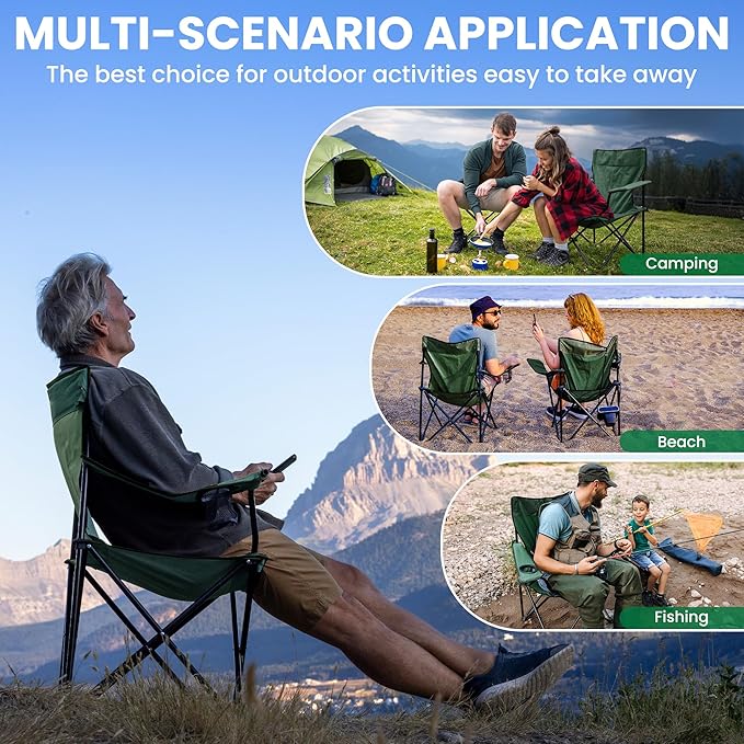 2 Pack Folding Camping Chairs for Adults, Foldable Portable Beach Chairs with Carry Bag & Cup Holder, Compact Design for Camping, Beach, Picnics, and Fishing Supports 300LBS（Dark Green）