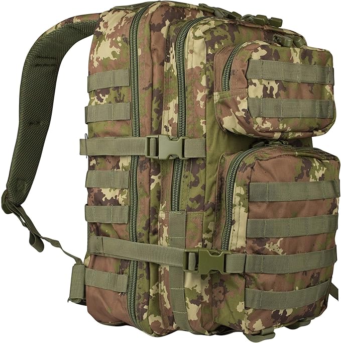 Mil-Tec Unisex Assault Pack - Rugged Durable Lightweight Ergonomic Versatile Tactical Outdoor Camping Hiking Backpack with Adjustable Padded Shoulder Straps & MOLLE Loops, Vegetato Woodland Camo, 20L