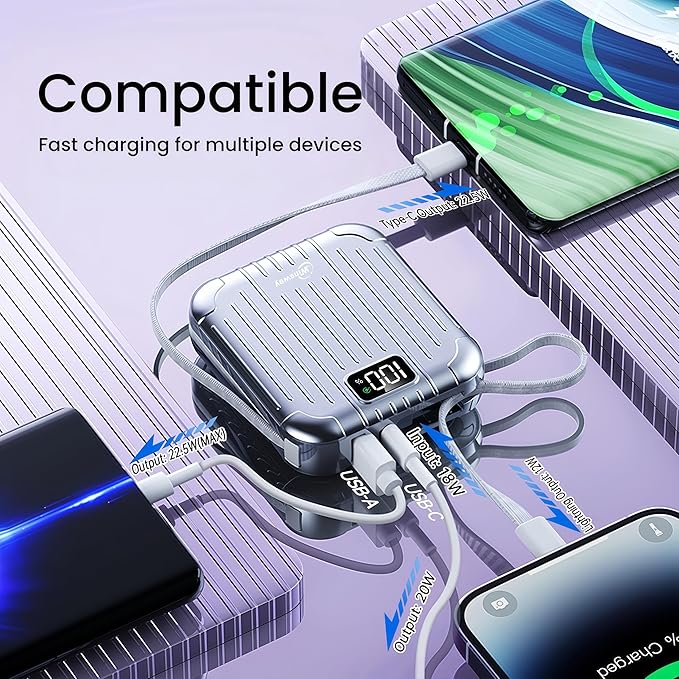 10000mAh Small 22.5W Power Bank with Built in Cable, 3A Fast Charging, 4 Outputs 2 Inputs, Mini Portable Charger for Samsung Google Pixel LG Moto iPhone iPad