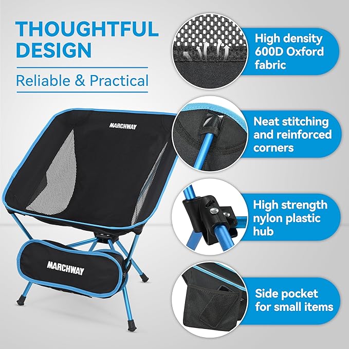 MARCHWAY Lightweight Folding Camping Chair, Portable Foldable Compact for Outdoor Camp, Travel, Beach, Picnic, Festival, Hiking, Backpacking, Supports 330Lbs (Blue)