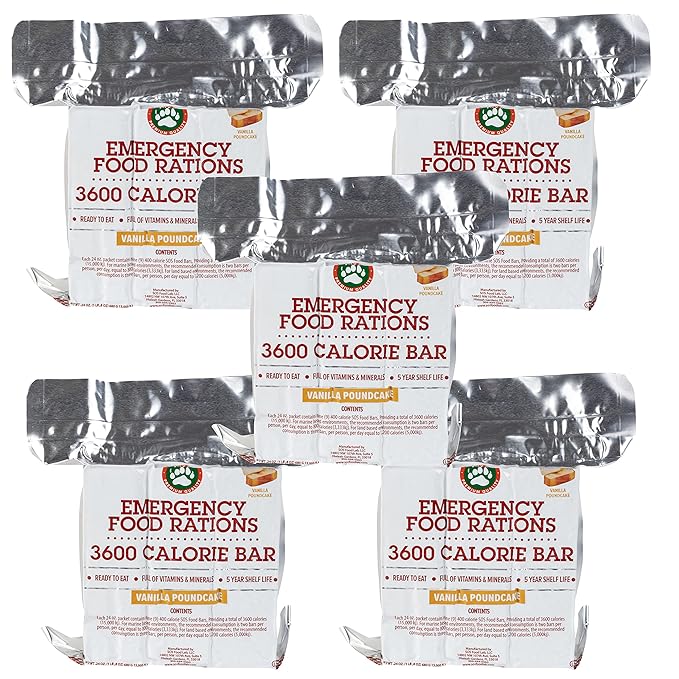 Grizzly Gear Emergency Food Rations- 3600 Calorie Vanilla Poundcake Bar (5 Pack) - 15 Day, 360 Hour Value Supply For Disaster, Hurricane - Less Sugar, More Nutrients - 5 Year Shelf Life