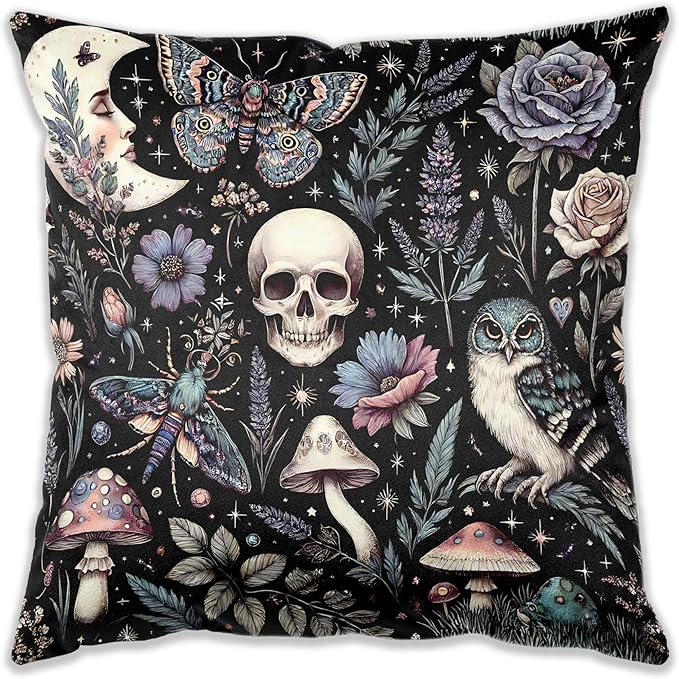 Dark Academia Witchy Gothic Skull Mushroom Owl Moth Moon Pillow Cover 18x18, Dark Cottagecore Floral Botanical Night Garden Decorative Throw Pillow Cover for Home Bedroom Living Room Sofa Couch