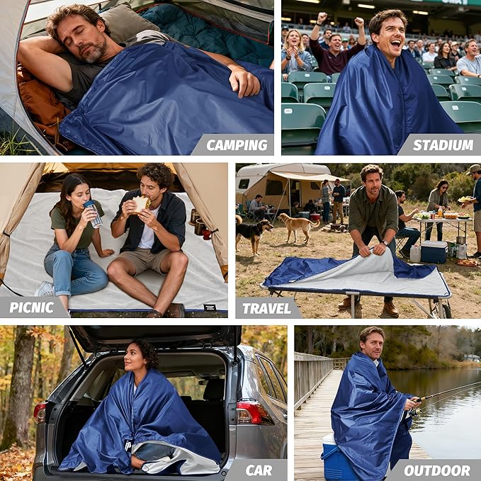 Fleece Waterproof Outdoor Blanket - Windproof Stadium Blanket for Camping, Picnics, and Sports Stay Dry and Comfortable 80"x 58"(Blue)