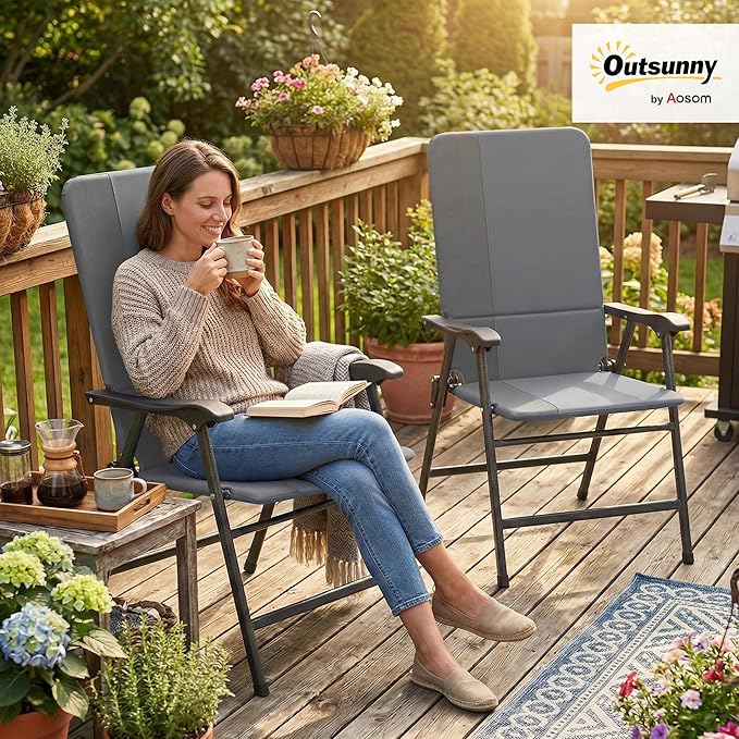Outsunny Folding Patio Chairs Set of 2, Padded High Back Folding Lawn Chairs with Armrests, 600D Oxford Fabric, Portable Outdoor Camping Chair Set for Deck, Garden, Backyard, Light Gray