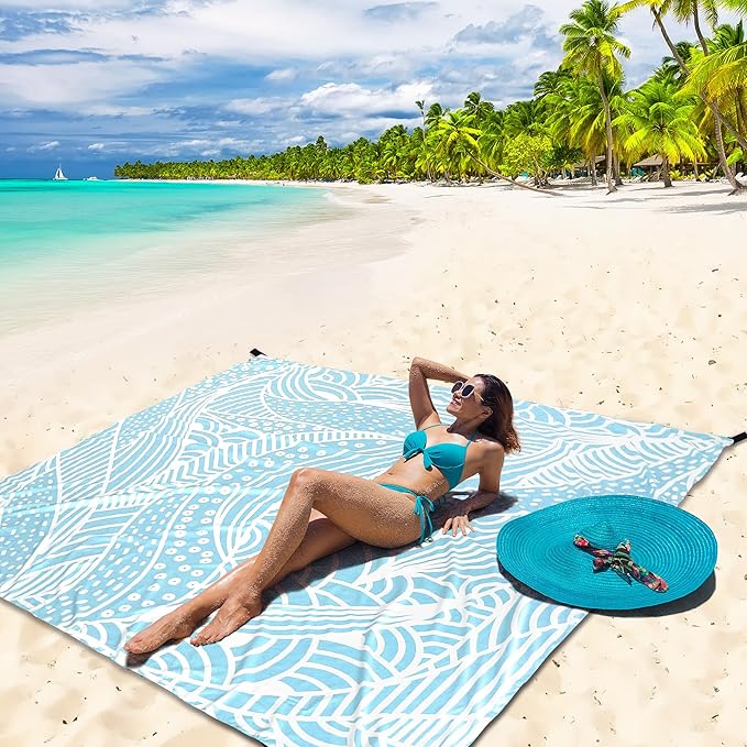 HIHOHO Beach Blanket Waterproof Sandproof Beach Mat for 1-8 Adults Quick Drying Durable Outdoor Picnic Mat for Beach Festival Travel Camping Hiking (BL-Ripple, 79"×108"(6 Person))