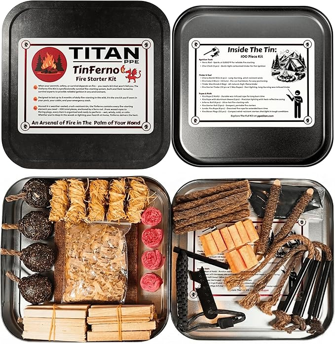 TinFerno Fire Starting Kit – 100pc Fire Starter for Campfires, Ferro Rod, Magnesium Flint, Char Cloth, Fatwood, Fire Kit, Hemp Wick, Camping, Bushcraft & Survival - Emergency Fire Starter Kit