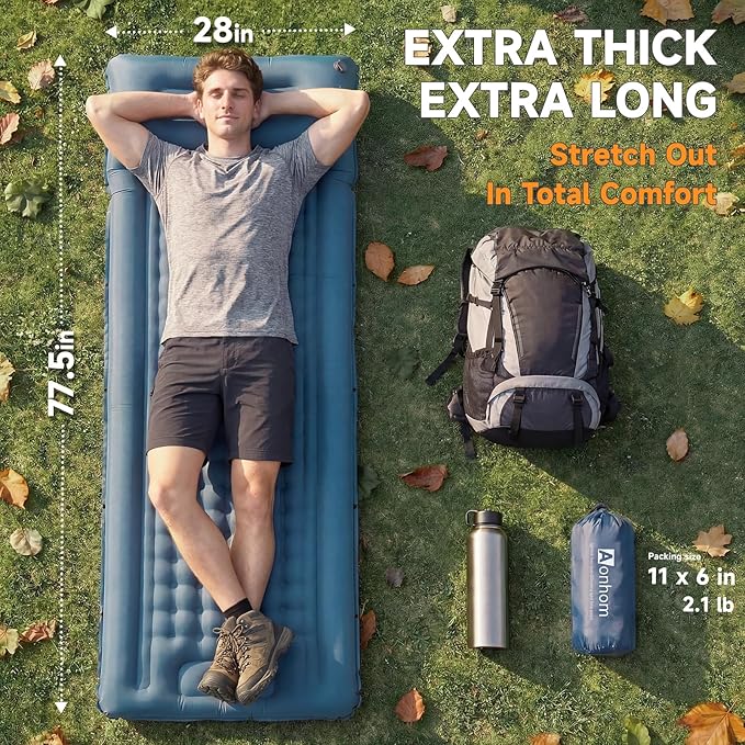 Camping Sleeping Pad, 5" Ultralight Inflatable Sleeping Mat with Pillow, Built-in Foot Pump Inflatable Sleeping Pads Compact for Camping Backpacking Hiking Traveling Tent