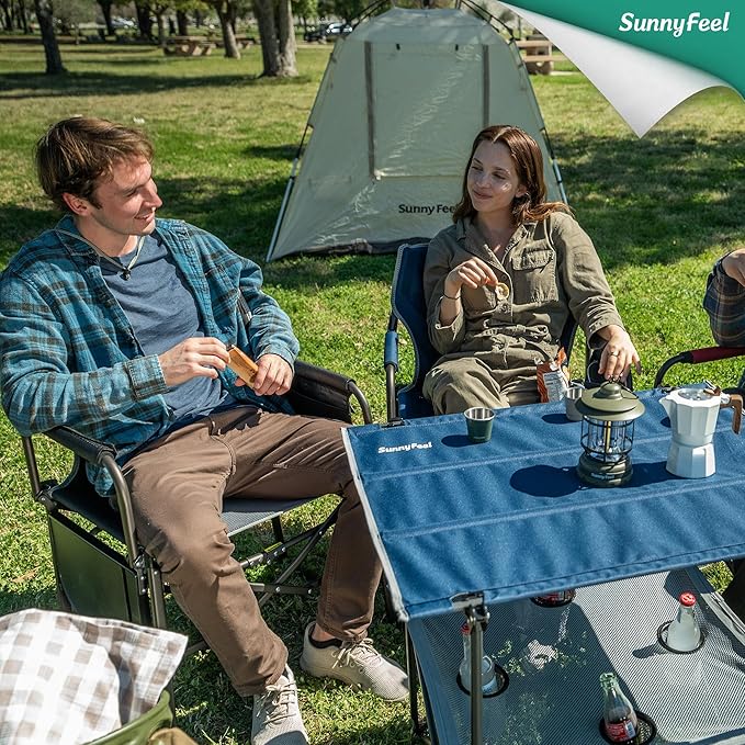 SUNNYFEEL Folding Camping Table- Collapsible Portable Beach Table with 4 Cup Holders & Carry Bags, Tailgate Table for Outdoor Excursion Picnic Hiking Fishing Travel Parties, Blue