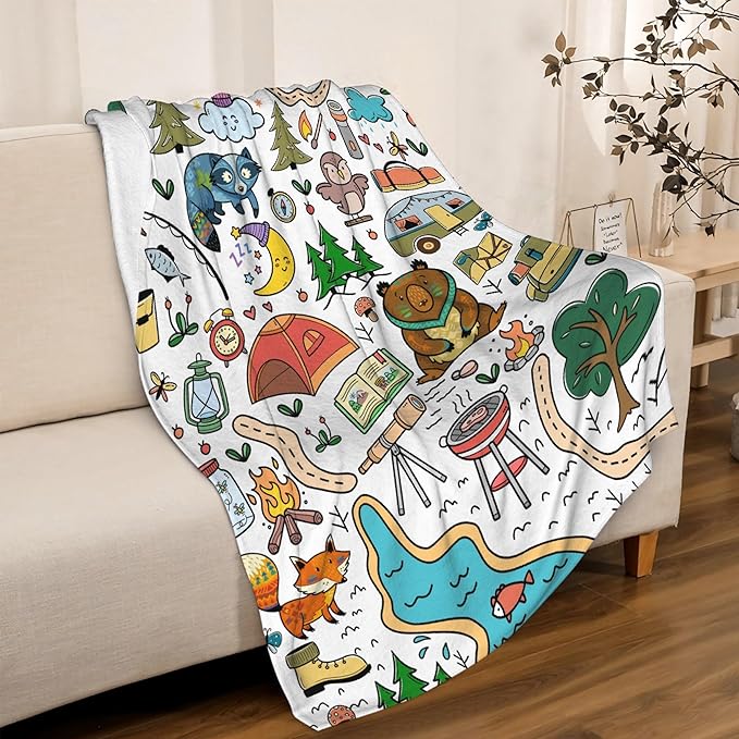 Camping Blanket Gifts for Kids,Soft Camping Throw,Cute Plush Flannel Camping Quilts Decorations for Bedroom Sofa Bed Outdoor Travel 50 x 40in for Child